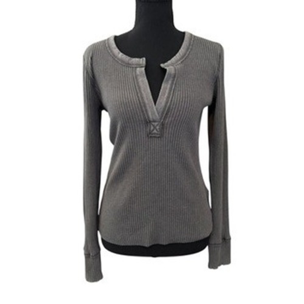 Aerie Fireside Long Sleeve Henley T-Shirt Medium Grey Ribbed Casual Fall Layers